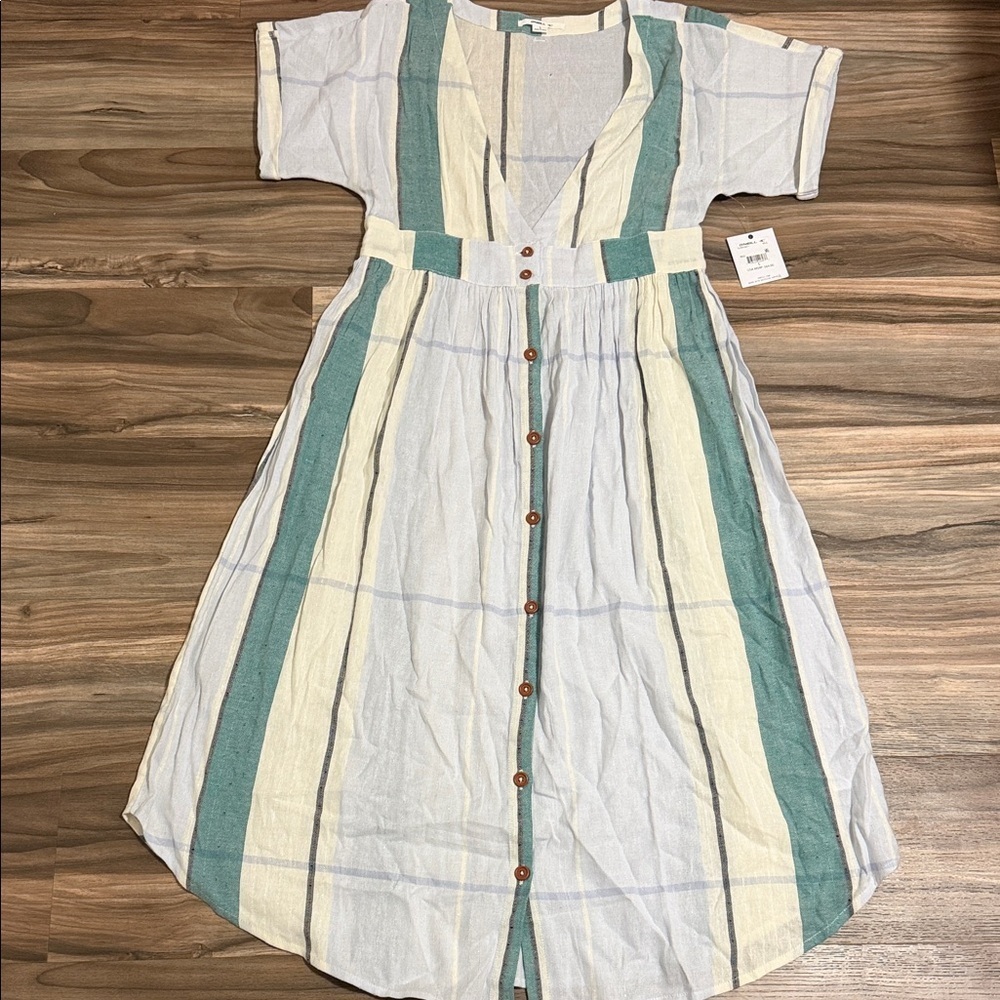 O'NEILL Women Sz. L Reid Maxi Striped Button Dress Ivory Cotton Blend Resortcore